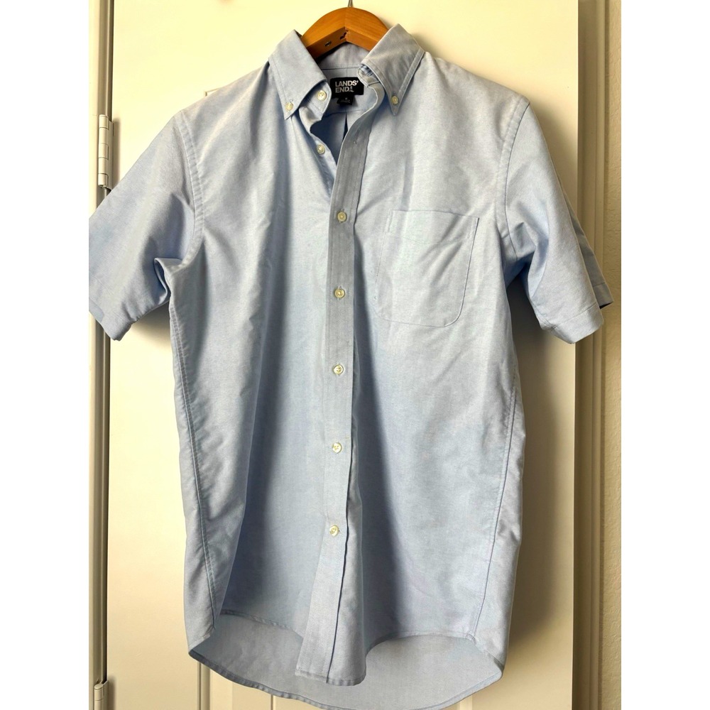 Lands' End Men's Blue Solid Short Sleeve Button-Down Collar Pockets Small